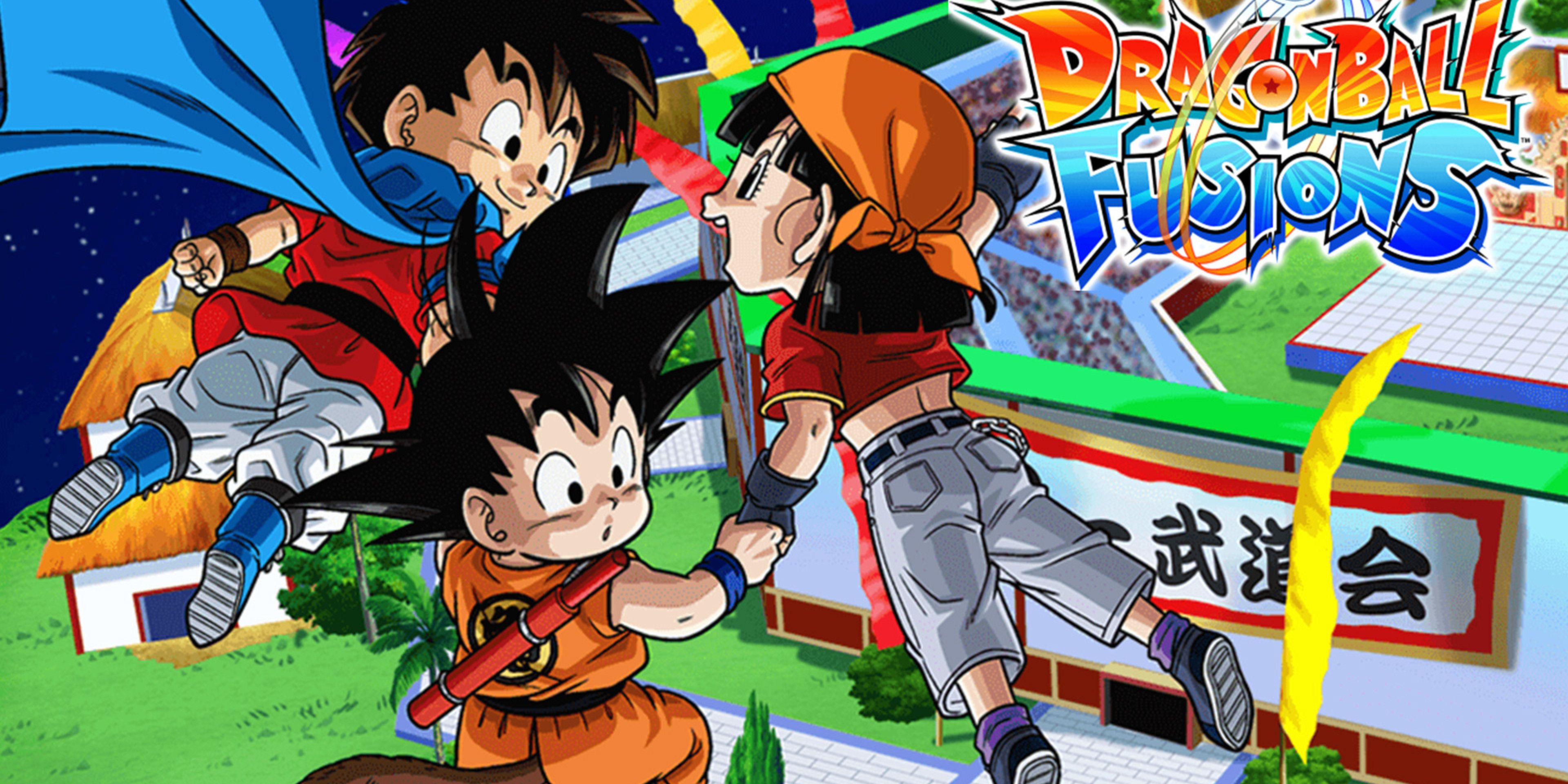 Pan holding Kid Goku's hand along with Tekka as they fly above the martial arts stadium