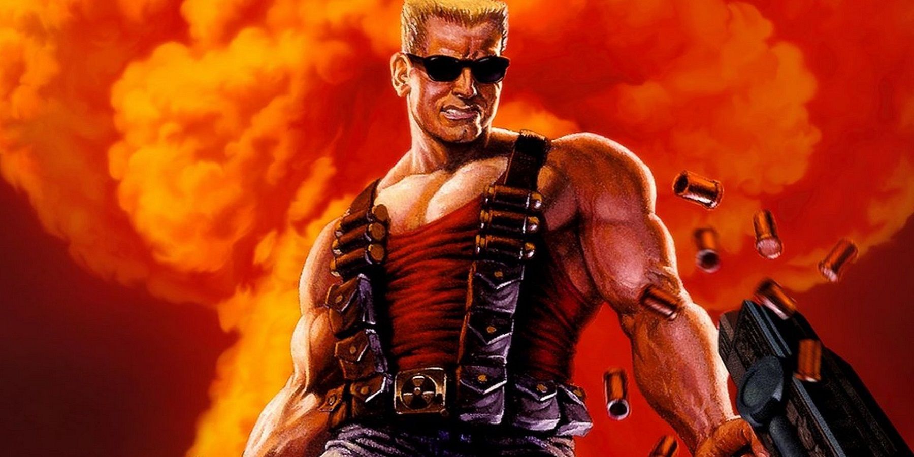 Image from the Duke Nukem 3D boxart showing the titular Duke firing weapons.