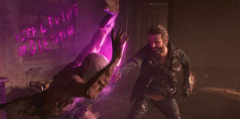 dying light 2 human attacking a zombie with a uv light 