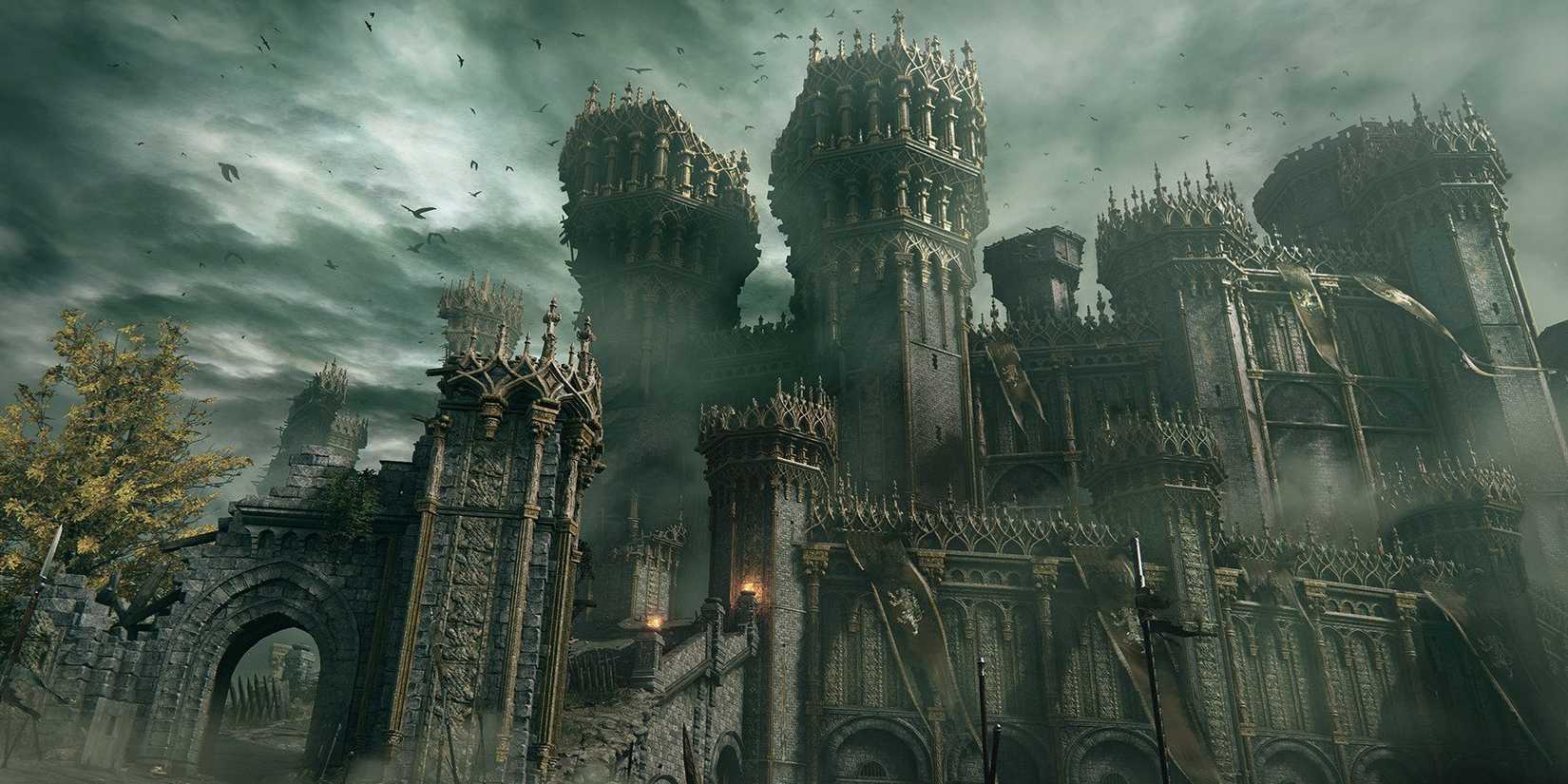 elden ring stormveil castle with birds and darker sky