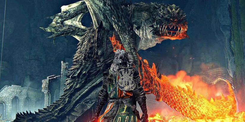 Elden Ring - The Tarnished Facing Down Magma Wyrm Makar