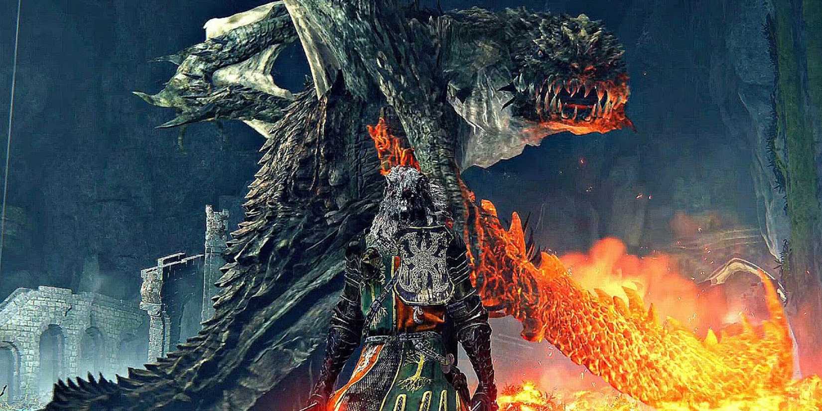 Elden Ring - The Tarnished Facing Down Magma Wyrm Makar