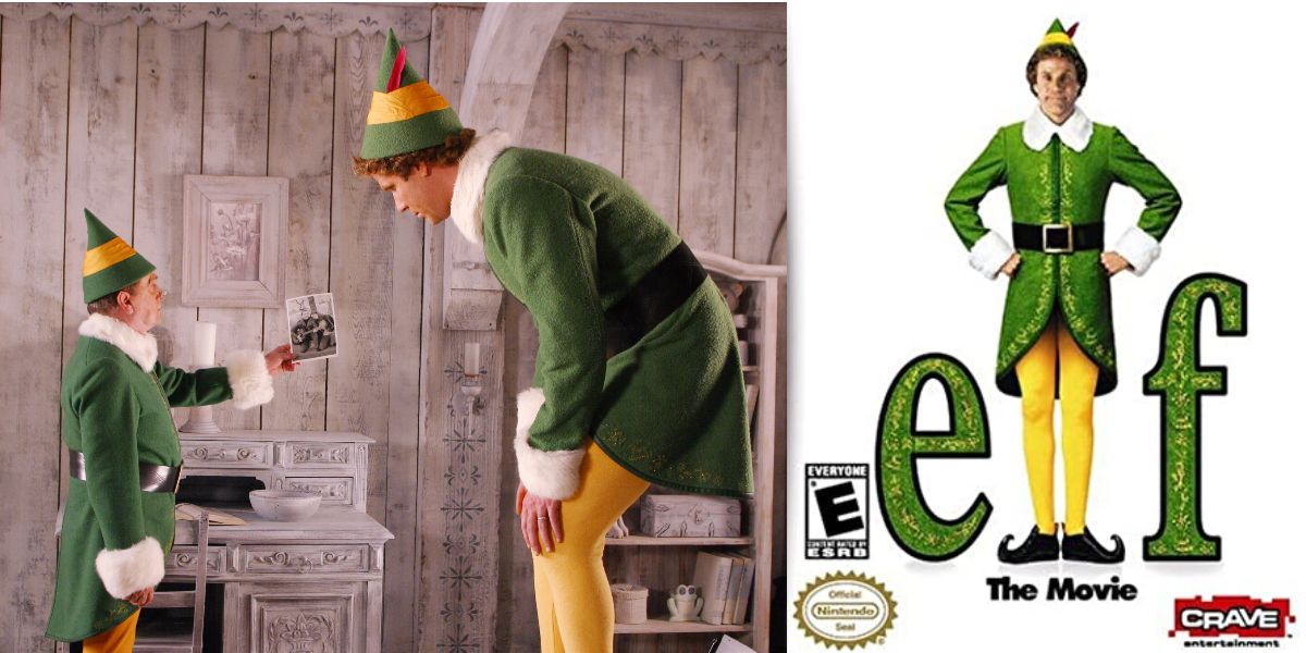 Buddy the Elf and his father from the movie next to the Elf The Movie game cover