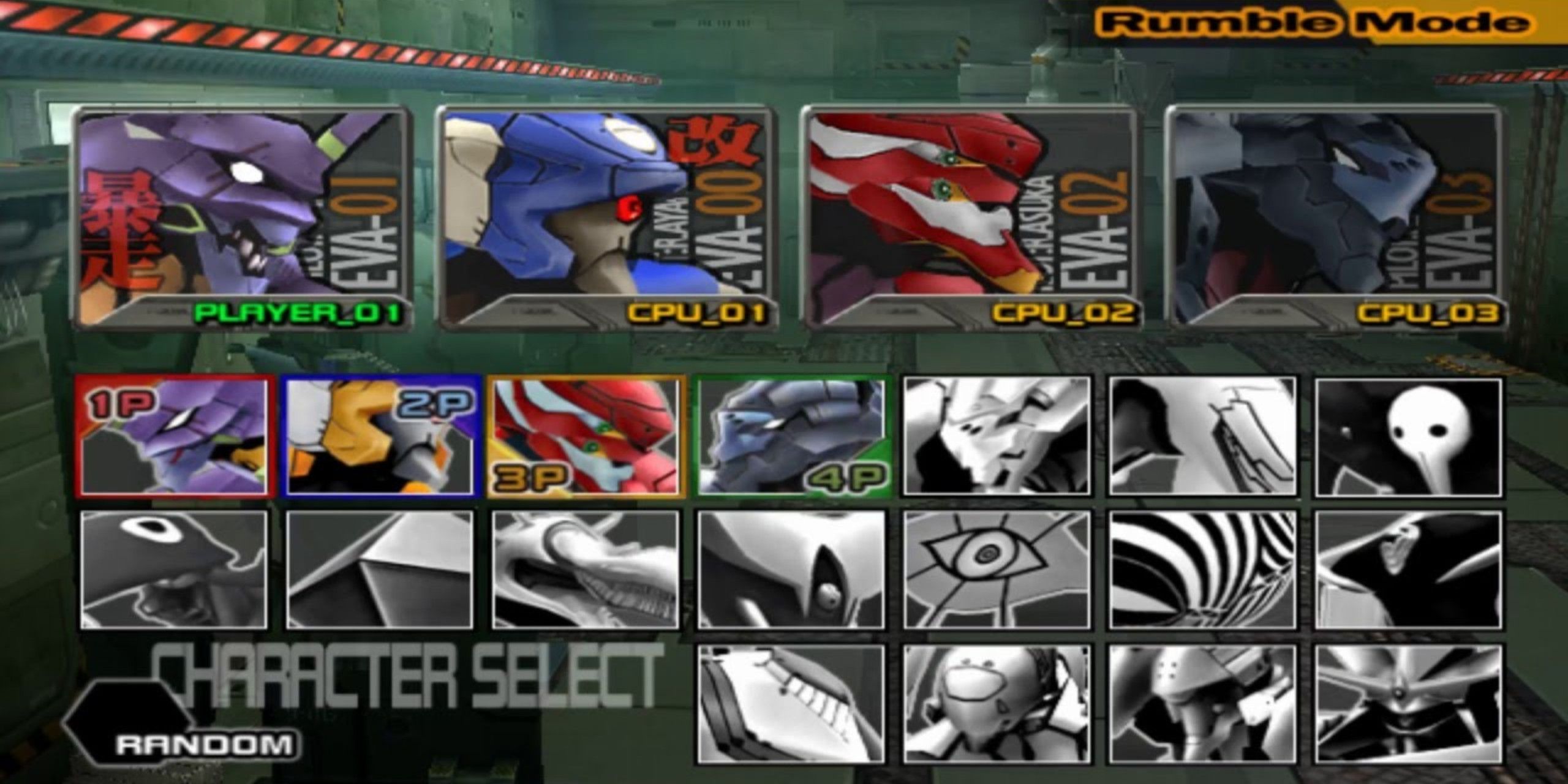 Character select screen featuring all the playable Eva Unit and Angel characters