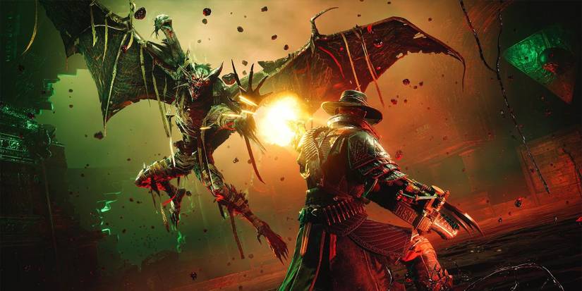 evil west player shooting at a flying demon