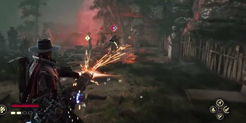 evil west player using the gatlenting gun 