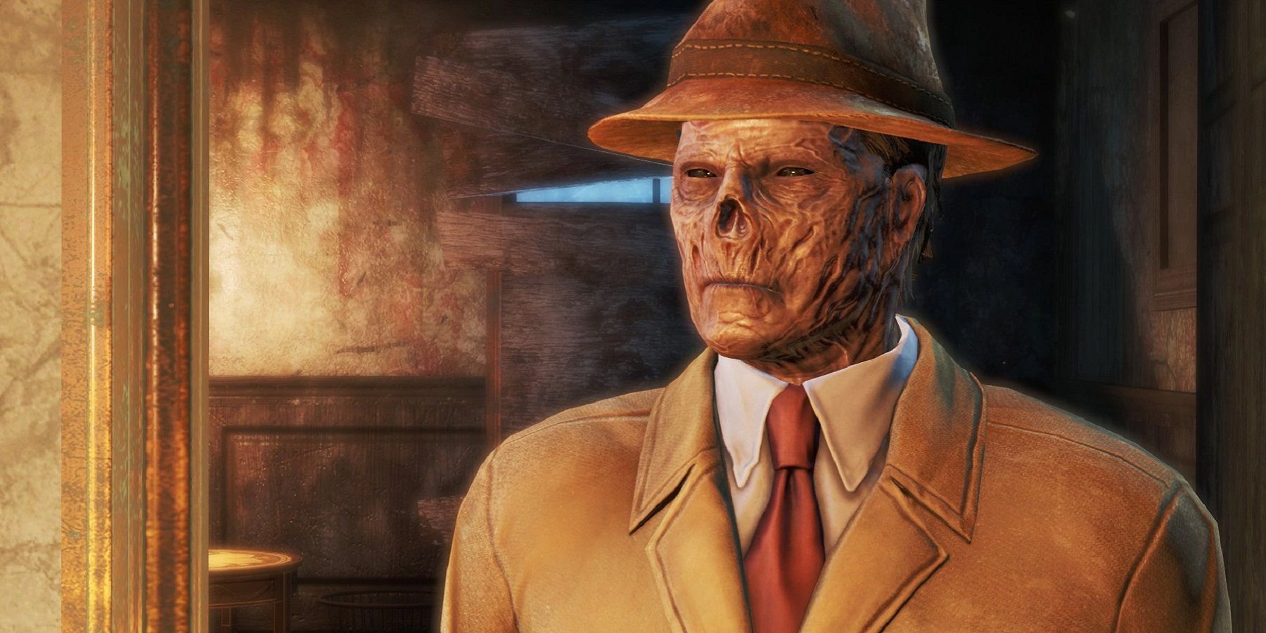 Image from Fallout 4 showing a ghoul in a trilby.