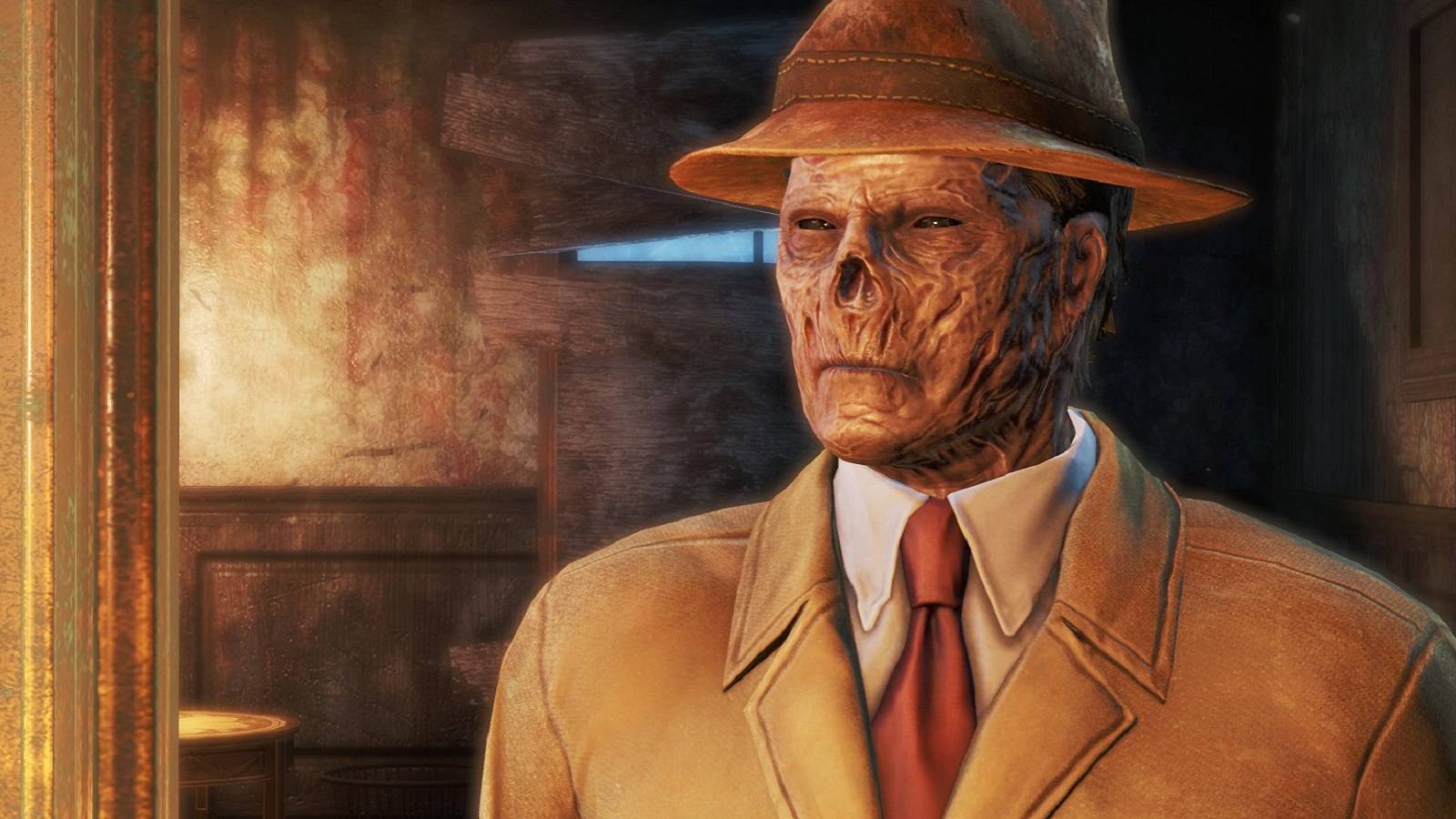 Image from Fallout 4 showing a ghoul in a trilby.