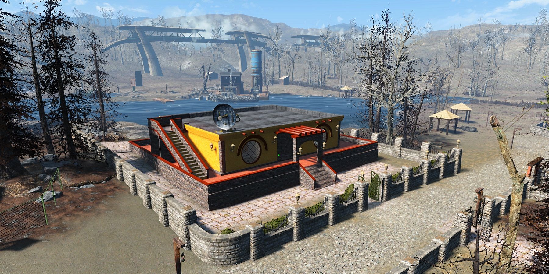 Screenshot from a Fallout 4 mod showing the exterior of a rather brightly colored settlement.