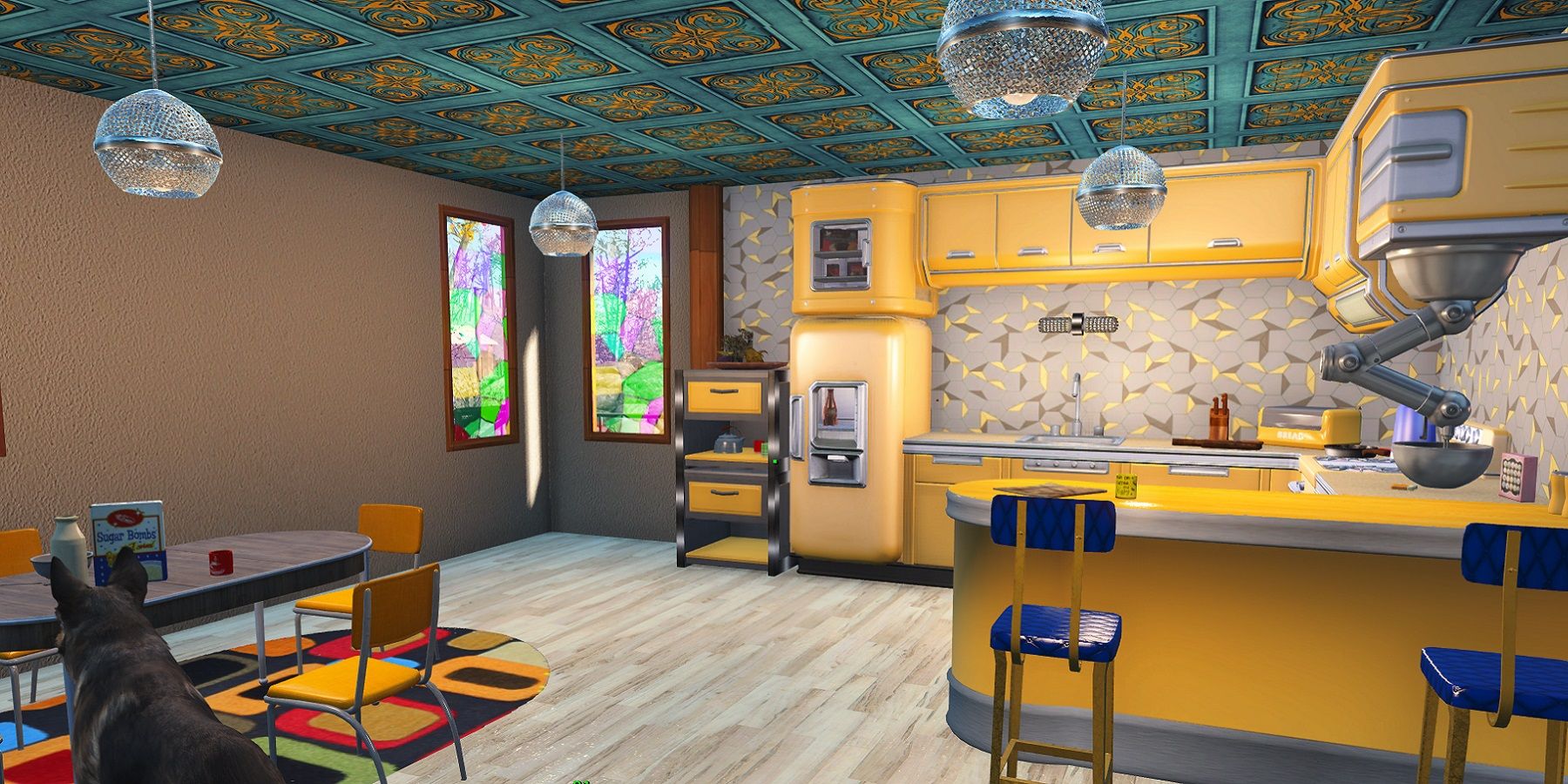 Image from a Fallout 4 mod showing a bright yellow kitchen.