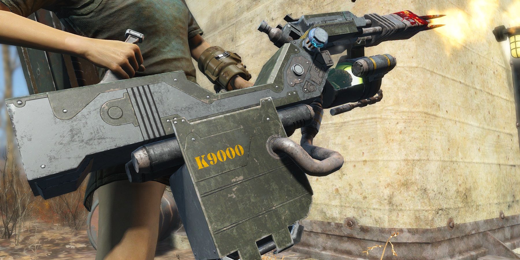 Image from a Fallout 4 mod showing someone firing the K9000 gun.