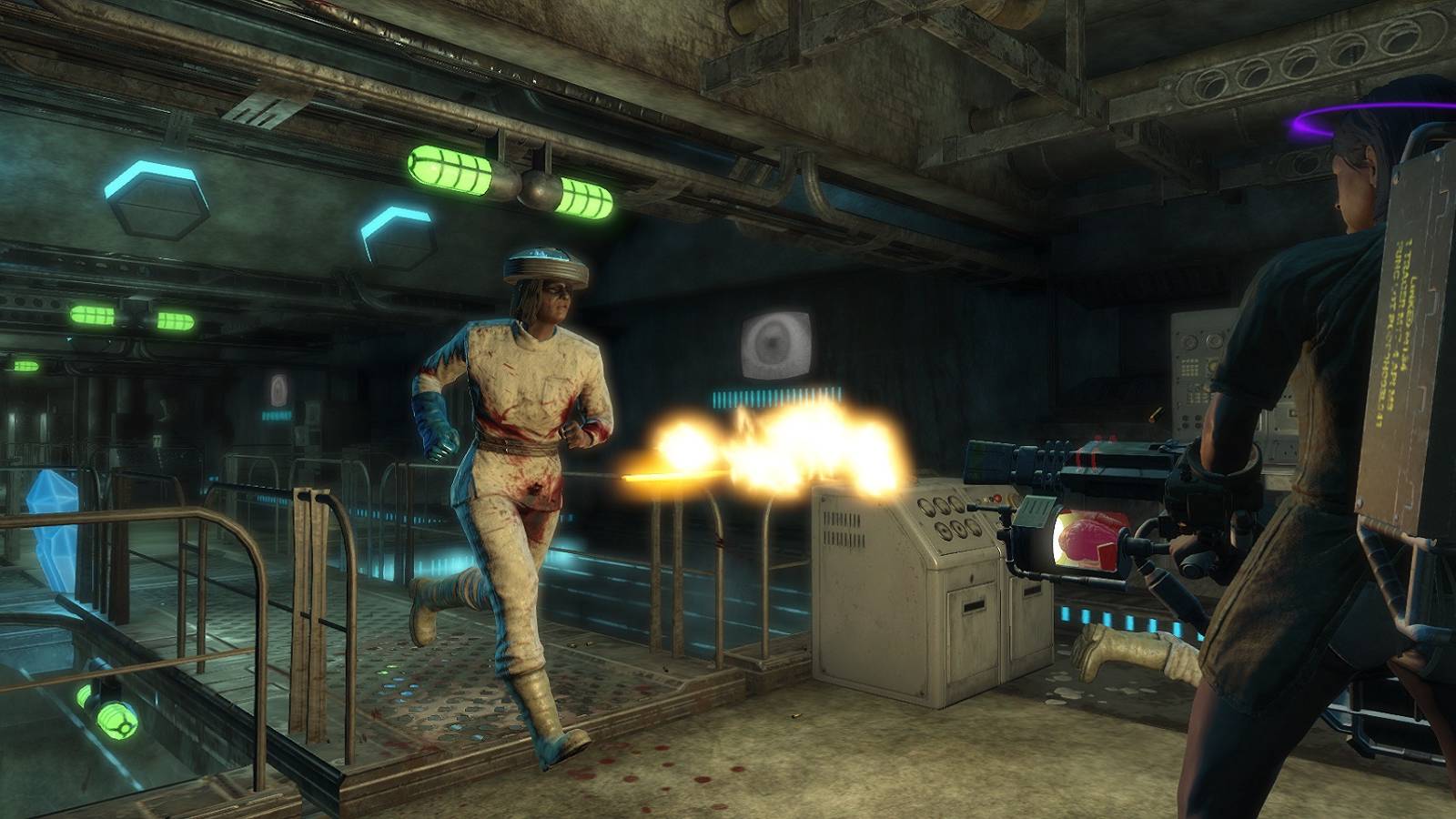 Image from a Fallout 4 mod showing someone running towards a person who's firing at them.