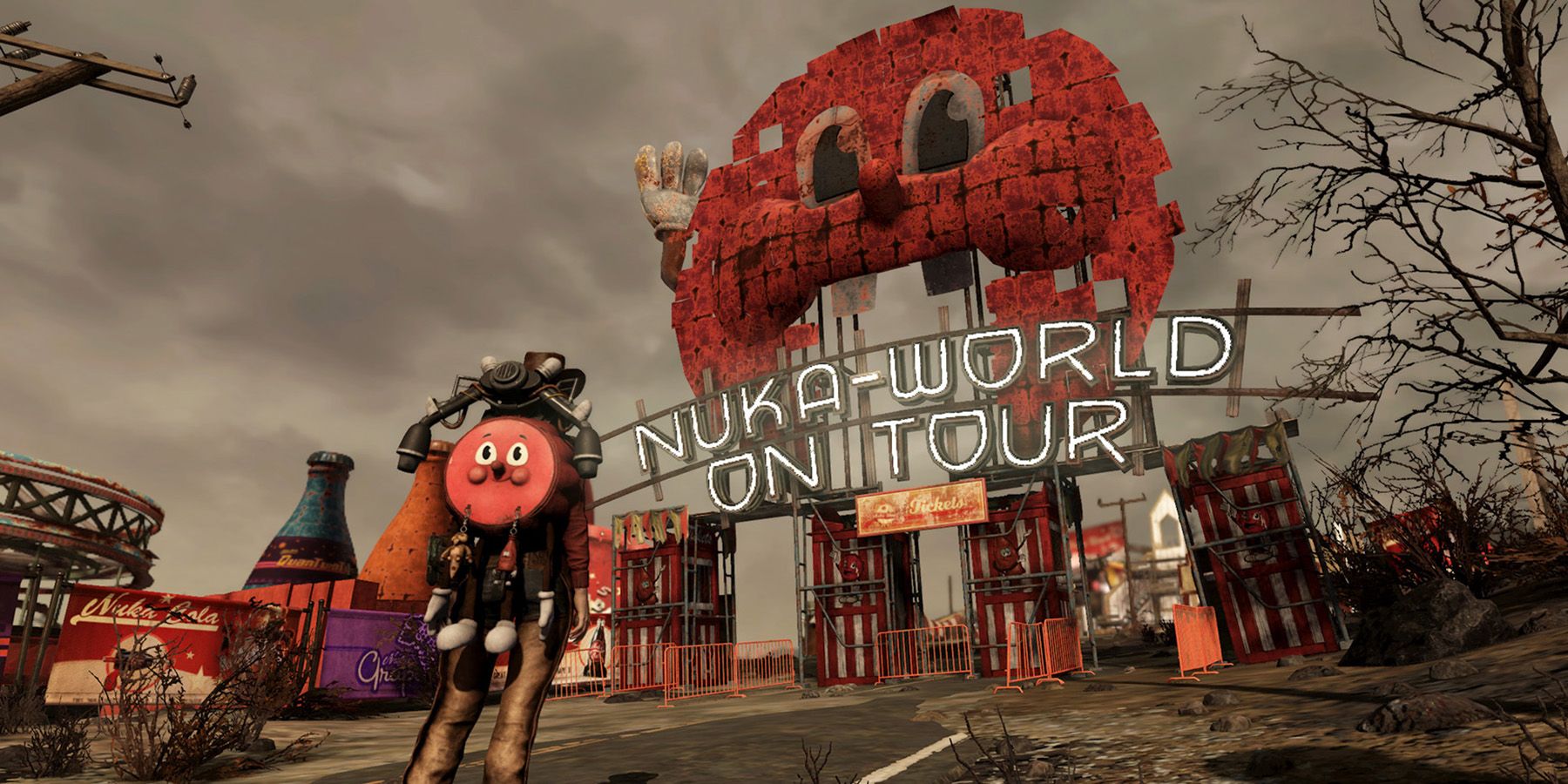 fallout 76 player looking at the entrance to nuka-world on tour