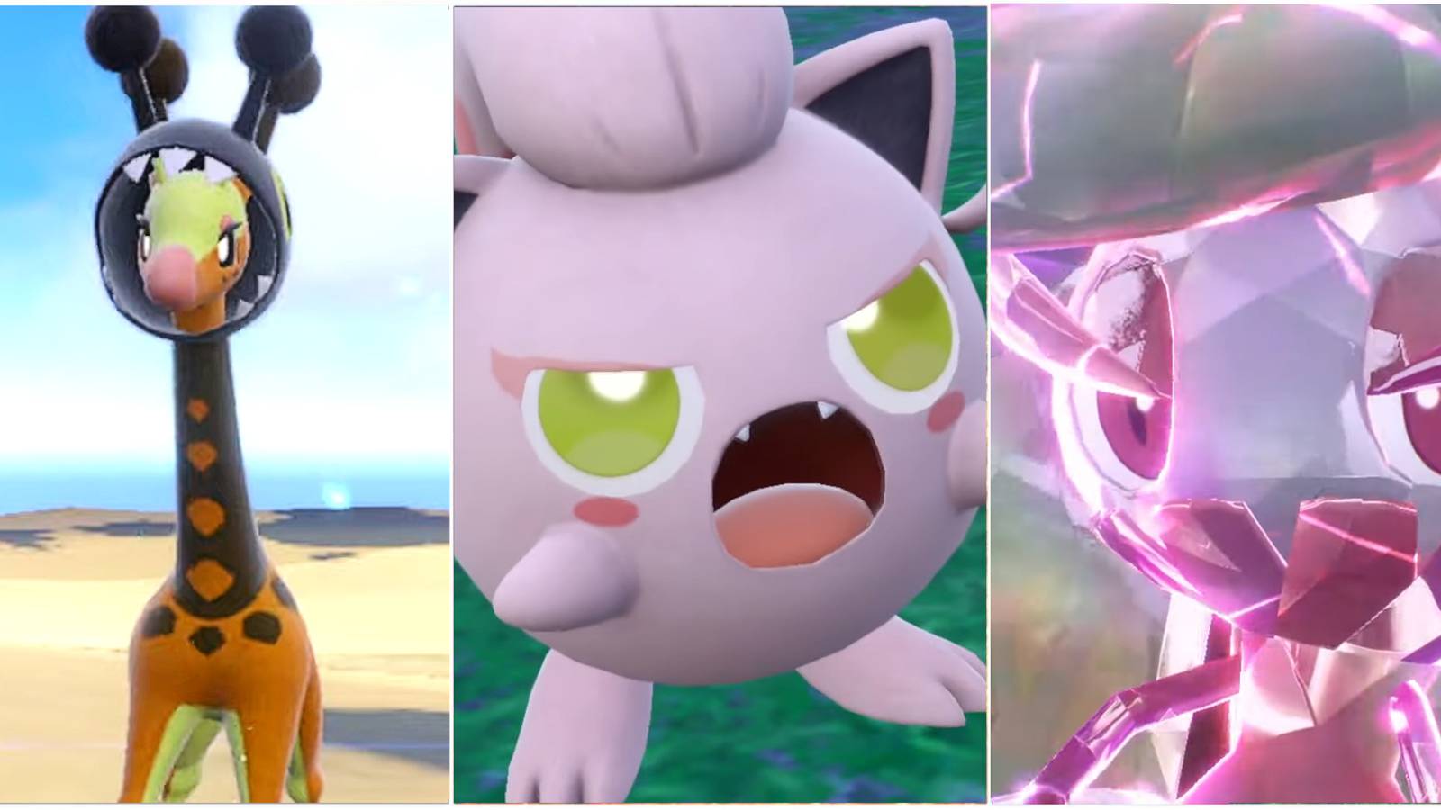 Farigiraf, Scream Tail and Psychic Tera-type Tsareena as seen in Pokemon Scarlet & Violet