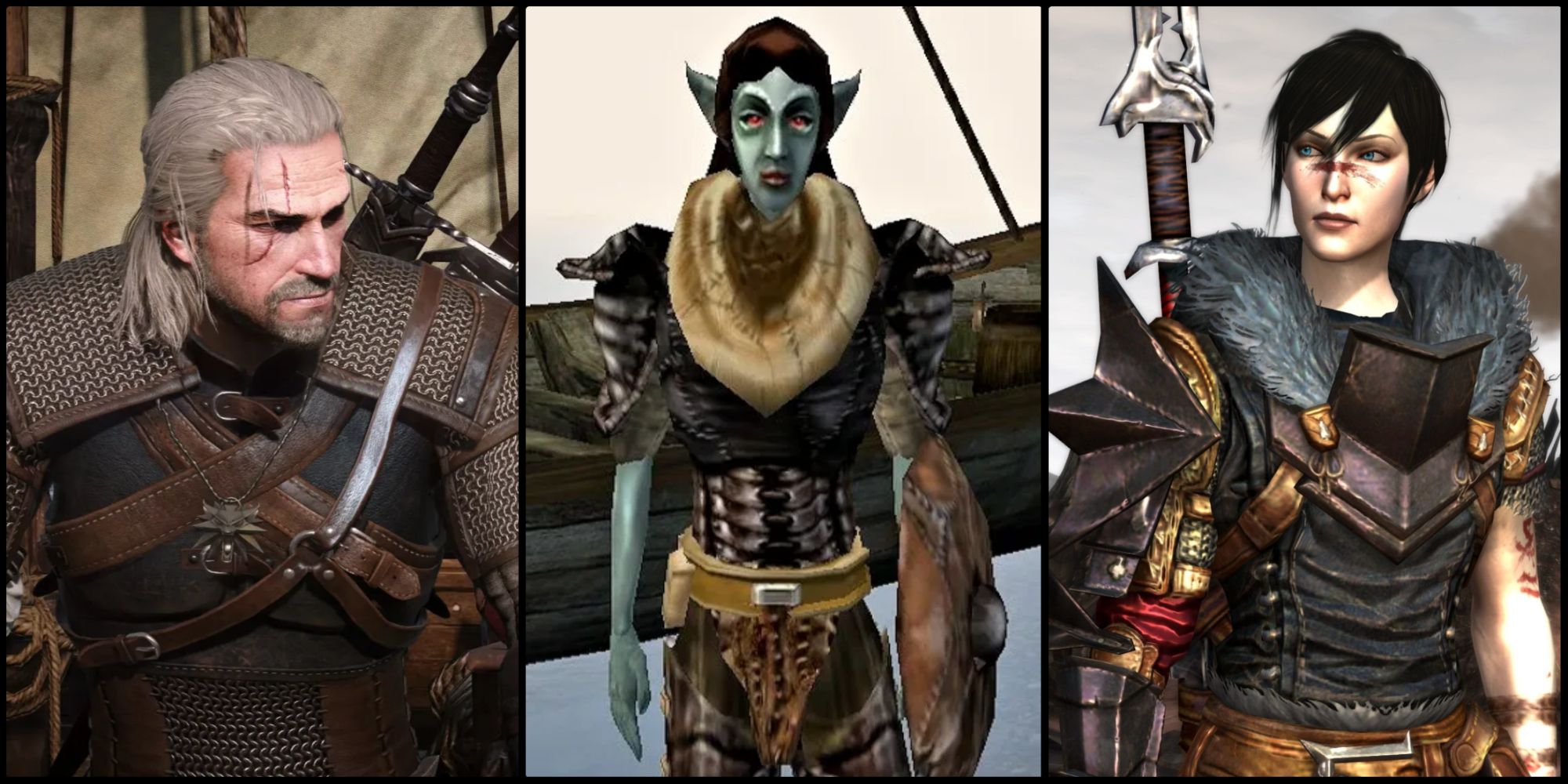 The protagonists of The Witcher and Dragon Age 2 with an NPC from Morrowind