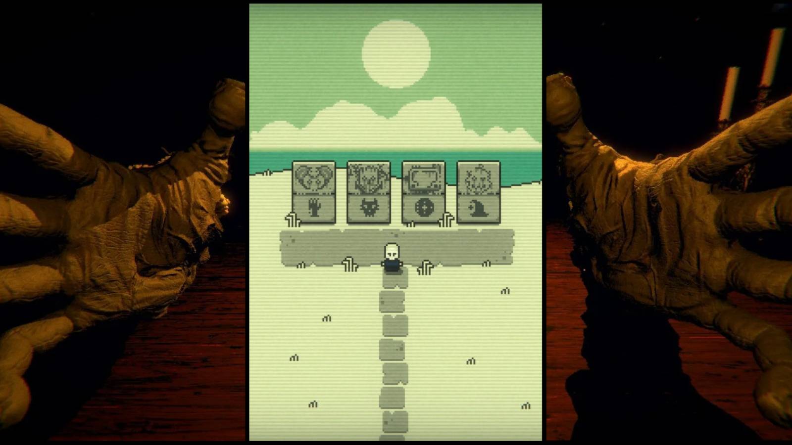 A picture from Inscryption Act 2 surrounded by two menacing hands