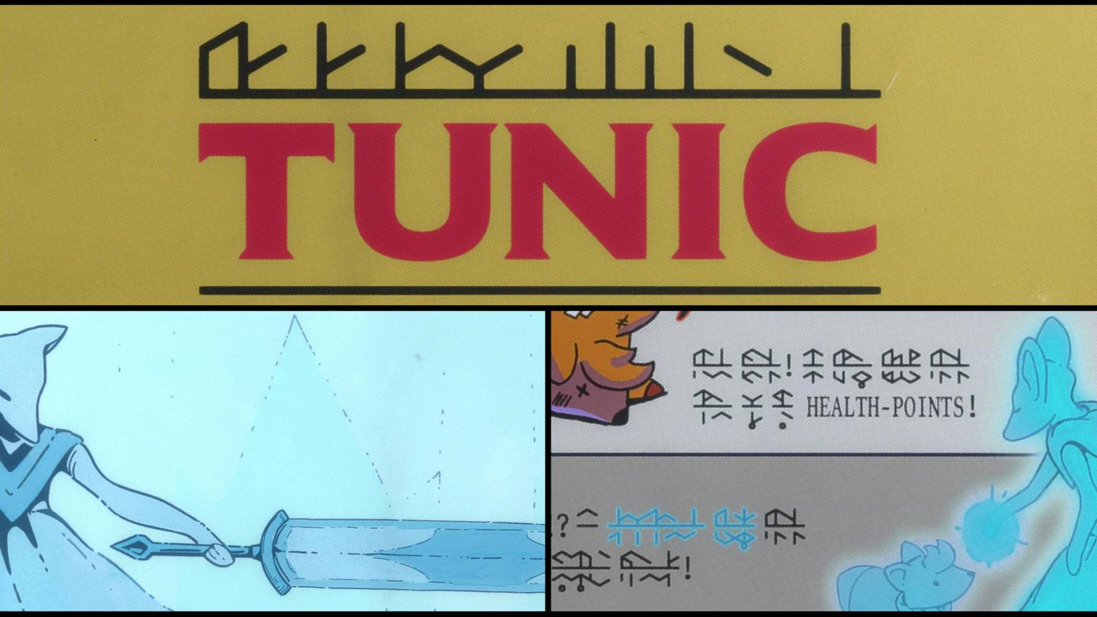 three pictures of the in-game manual of tunic