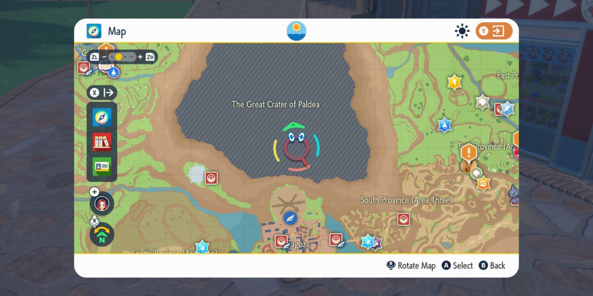 The map screen showing the Great Crater of Paldea Pokemon Scarlet & Violet