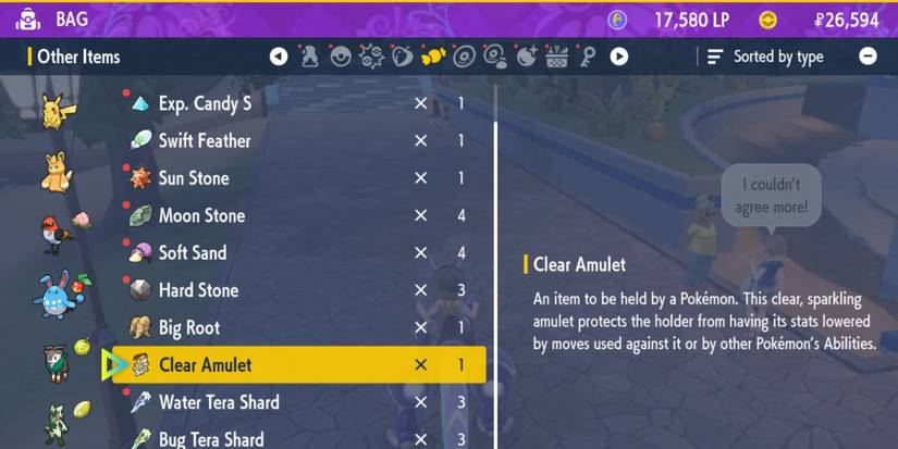 The bag screen with the Clear Amulet in Pokemon Scarlet & Violet