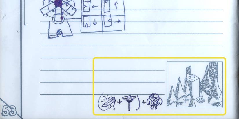 a page of tunic's manual with a few scribbles, hinting at an item combiation.