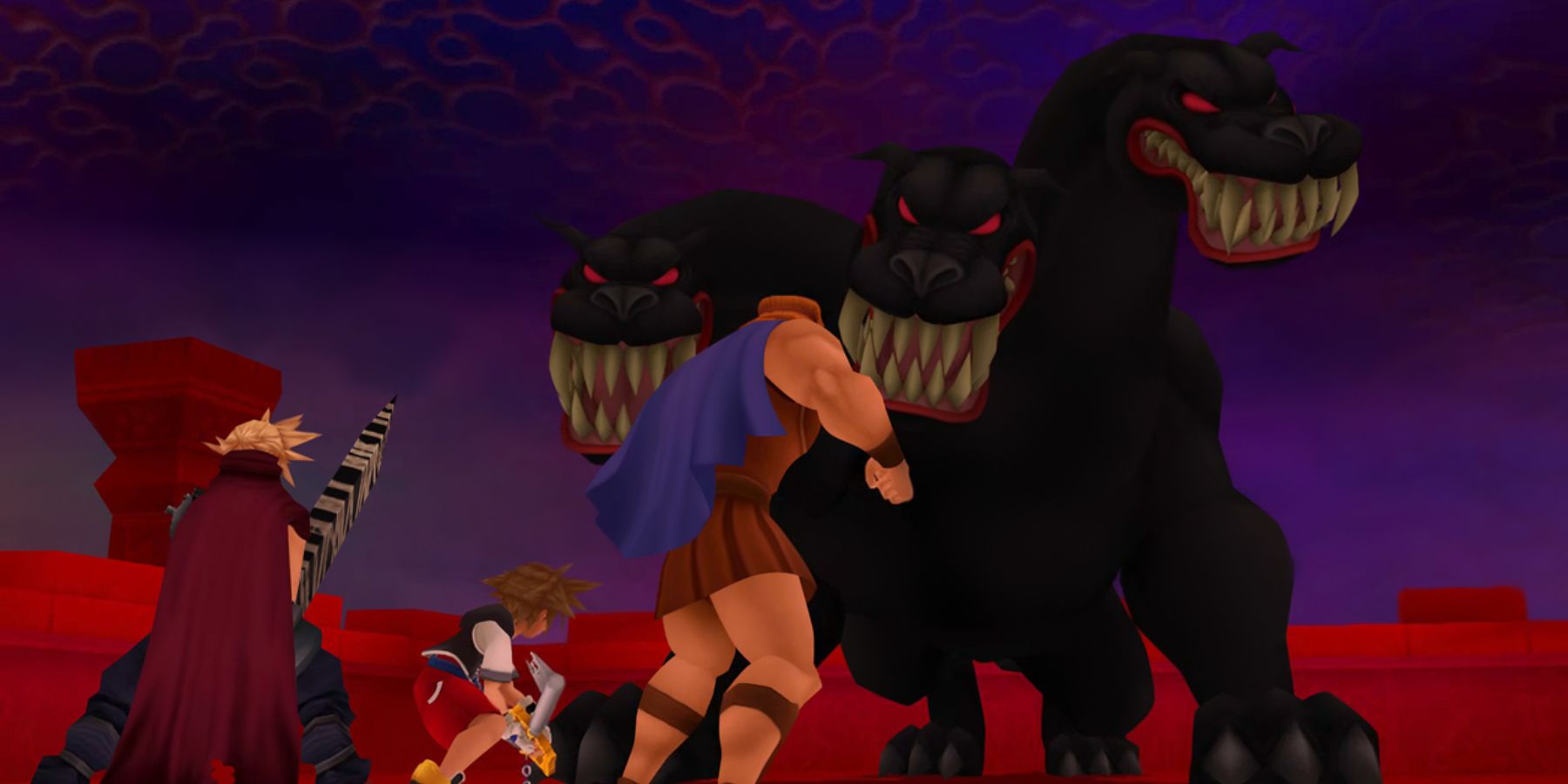 Cloud, Sora, and Hercules face off against Cerberus (Kingdom Hearts)