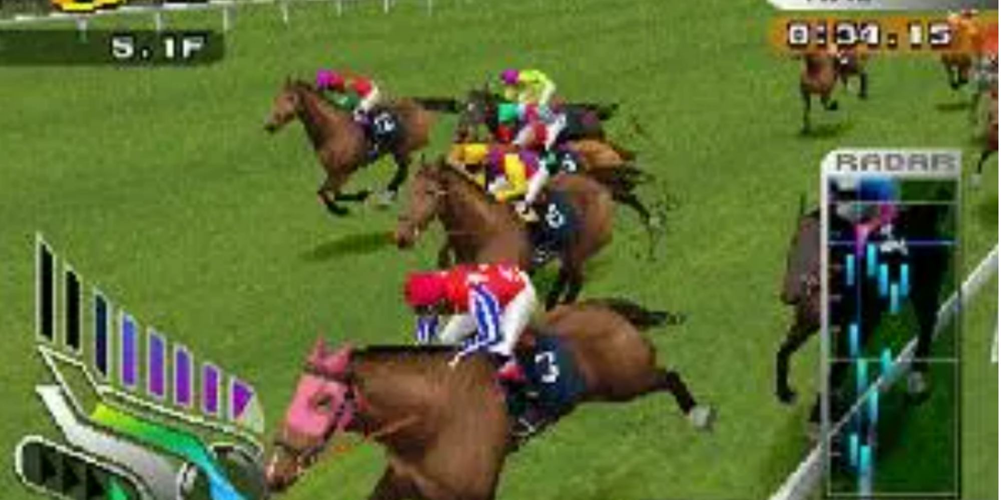 gallop racer ps1 showing multiple horses and jockeys racing for position on a grass track