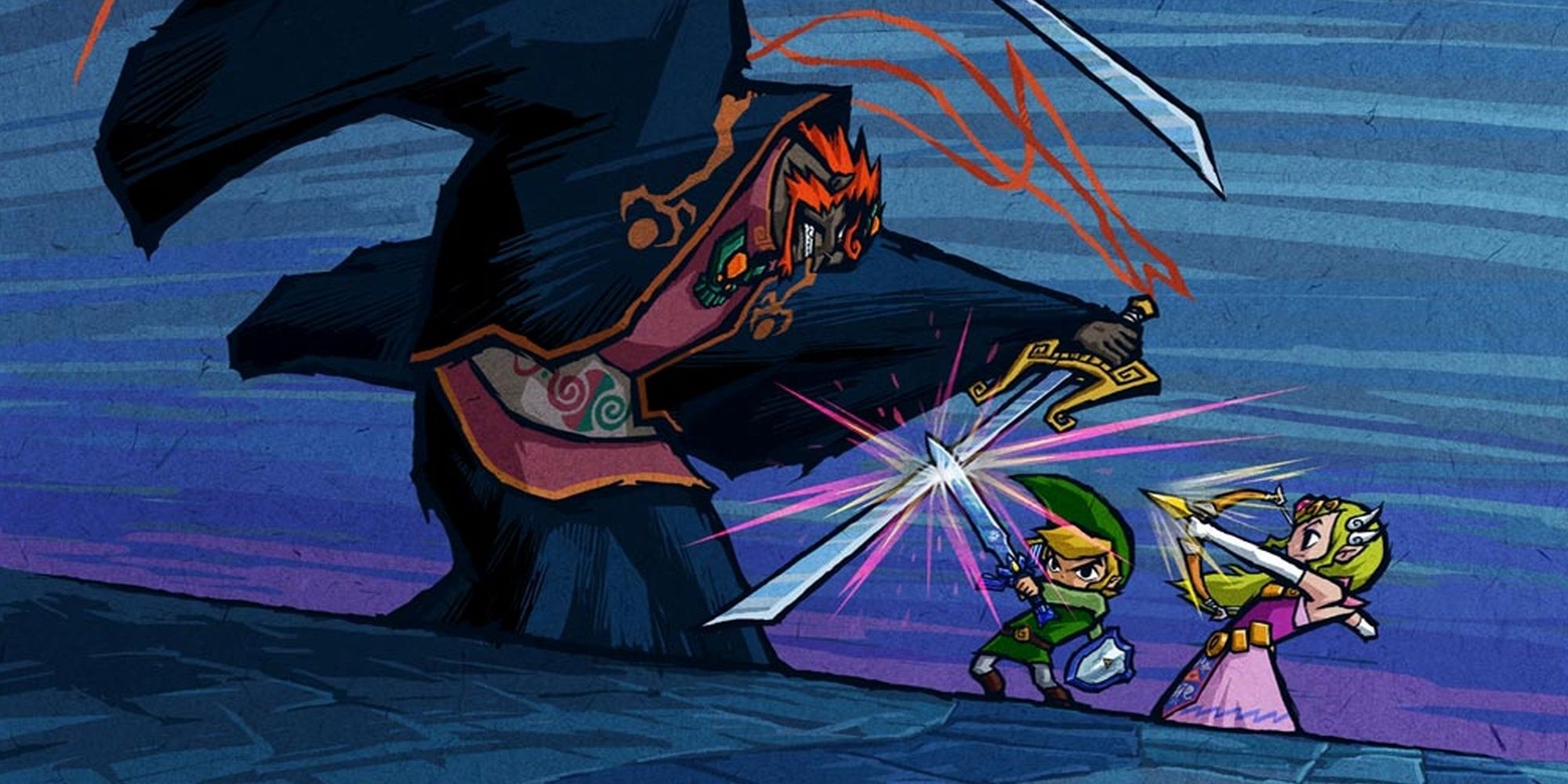 Ganondorf fighting Link and Zelda from the video game The Legend of Zelda: Wind Waker