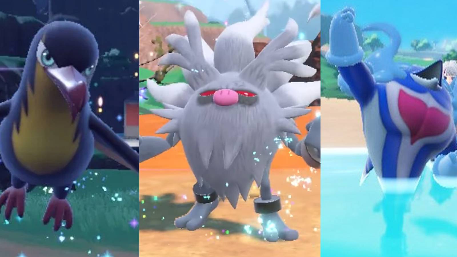 Kilowattrel just after evolving; Annihilape just after evolving; Palafin fist pumping in the water