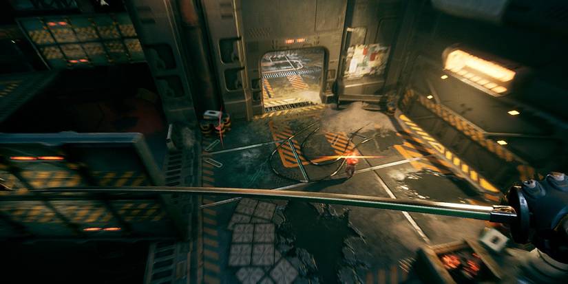 ghostrunner player jumping onto an enemy with their sword 