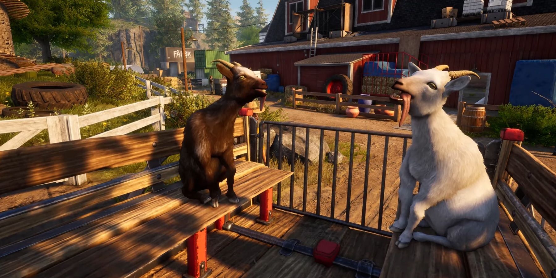 Screenshot from Goat Simulator 3 showing a couple of goats riding in the back of a cart.