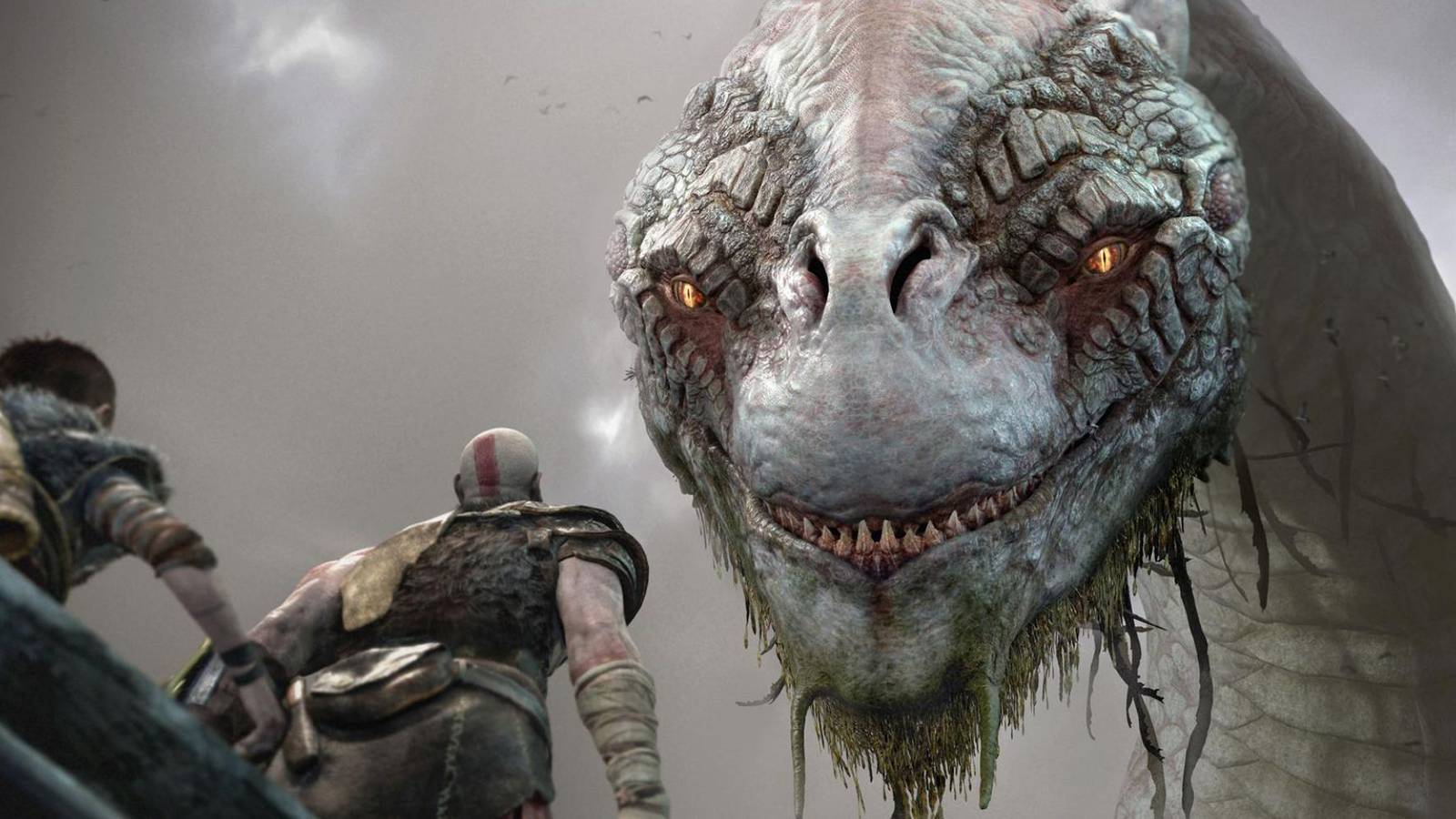 Kratos looking up at Jormungandr in Gof of War