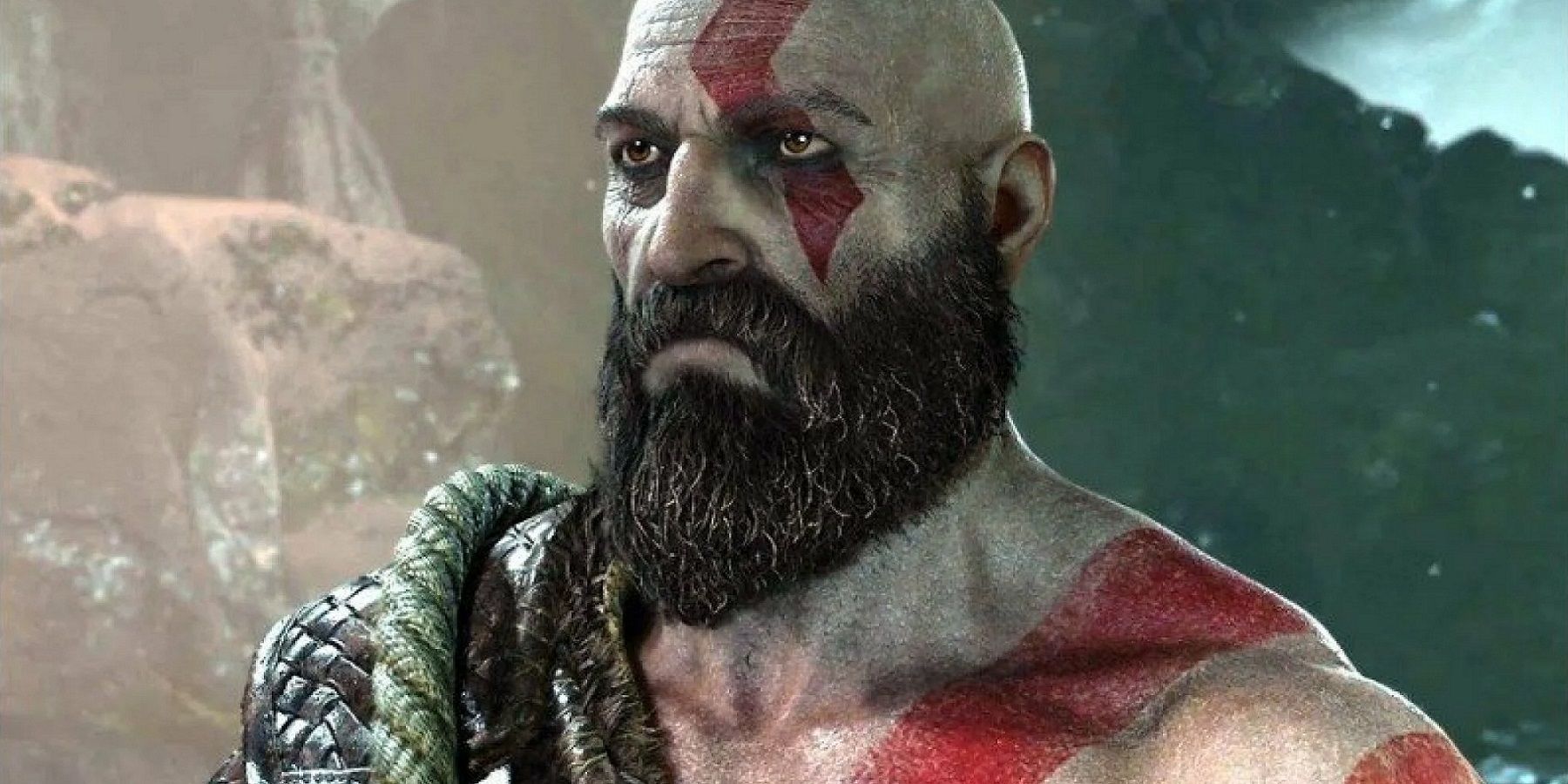 Image from God of War showing a close-up of Kratos with his bushy beard.