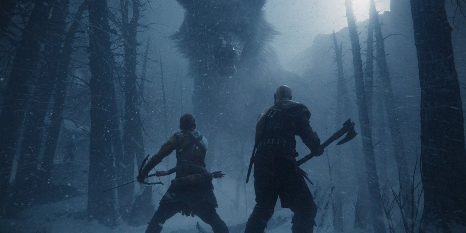 Image from God of War Ragnarok showing Kratos and Atreus fighting a giant beast.