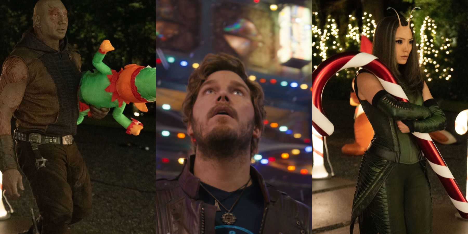 A split image features Drax, Peter Quill, and Mantis in the Guardians of the Galaxy Holiday Special