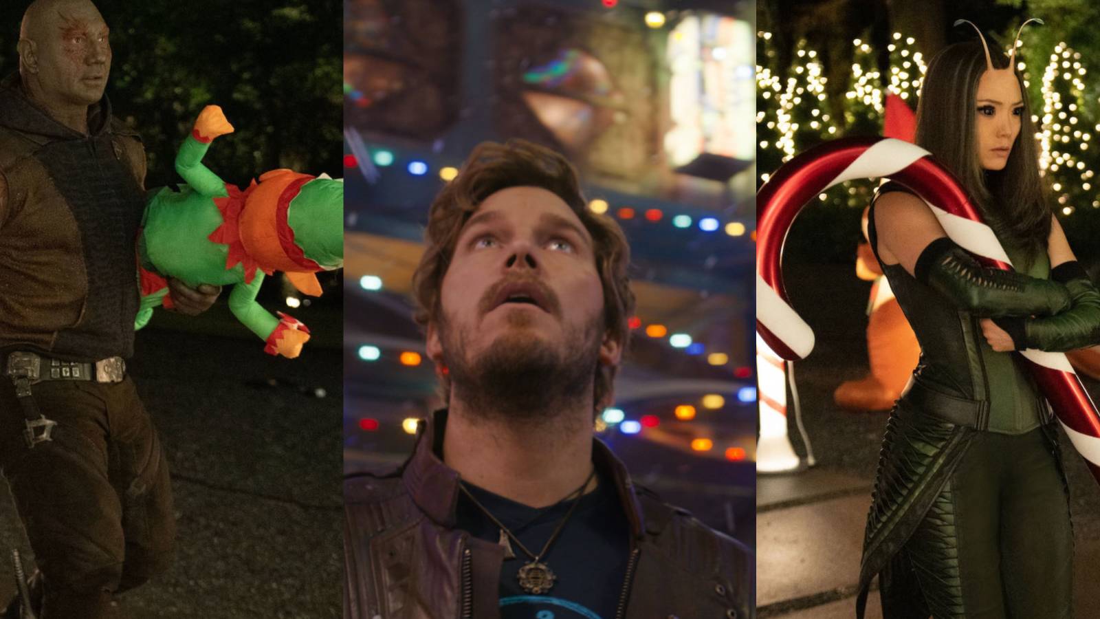 A split image features Drax, Peter Quill, and Mantis in the Guardians of the Galaxy Holiday Special