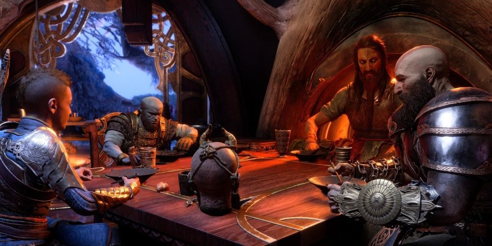 tyr, kratos, mimir, atreus, brok and sindri eating dinner at sindri's house