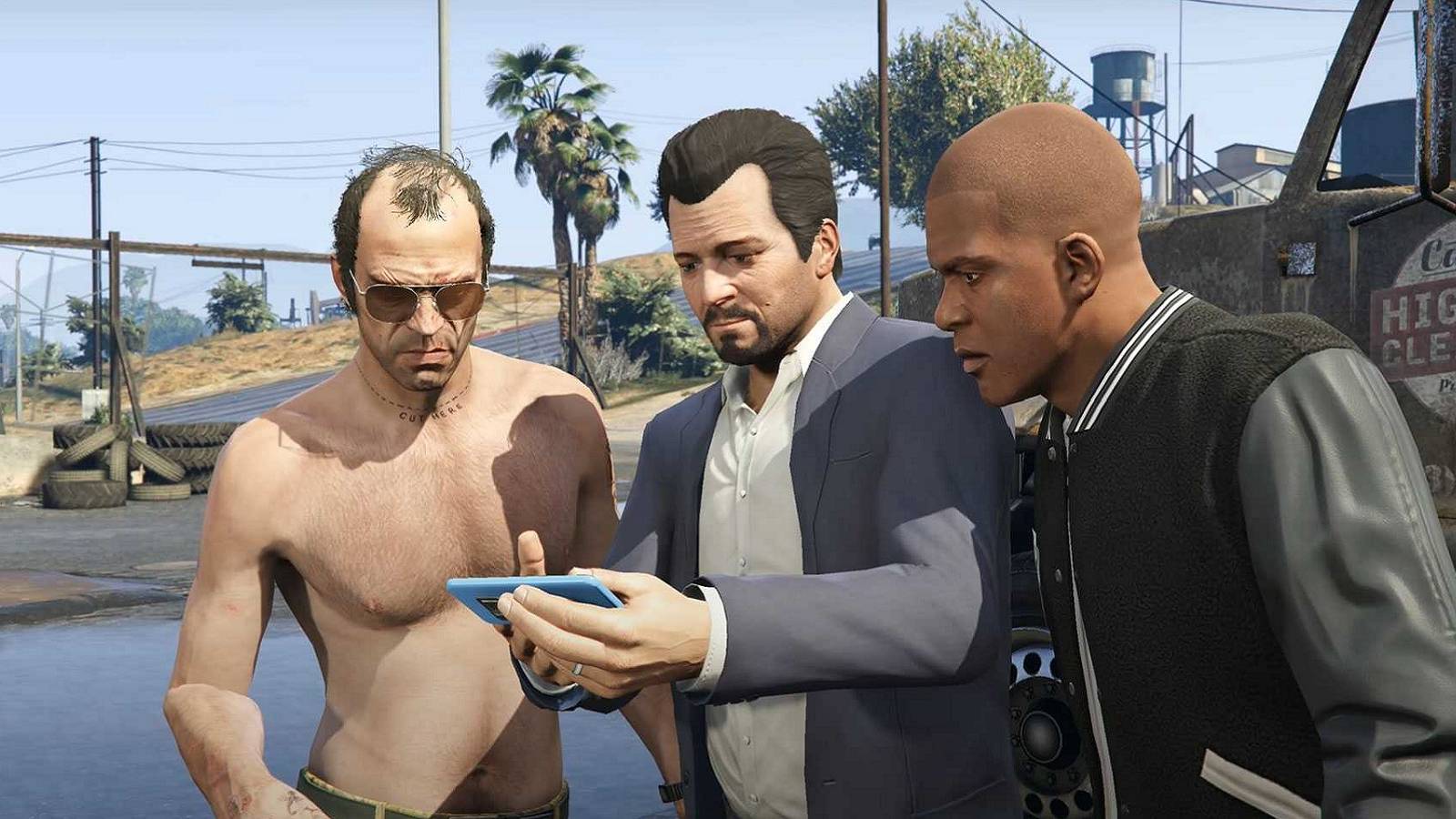 Screenshot from Grand Theft Auto 5 showing Trevor, Michael, and Franklin staring at a phone.