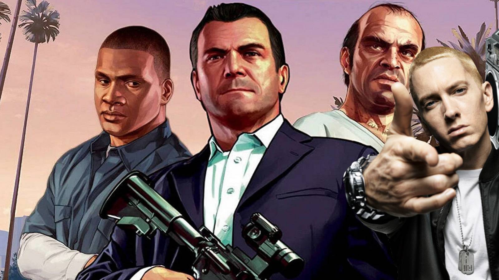 Image from Grand Theft Auto 5 shwoing Franklin, Michael, and Trevor, with Eminem off to one side.