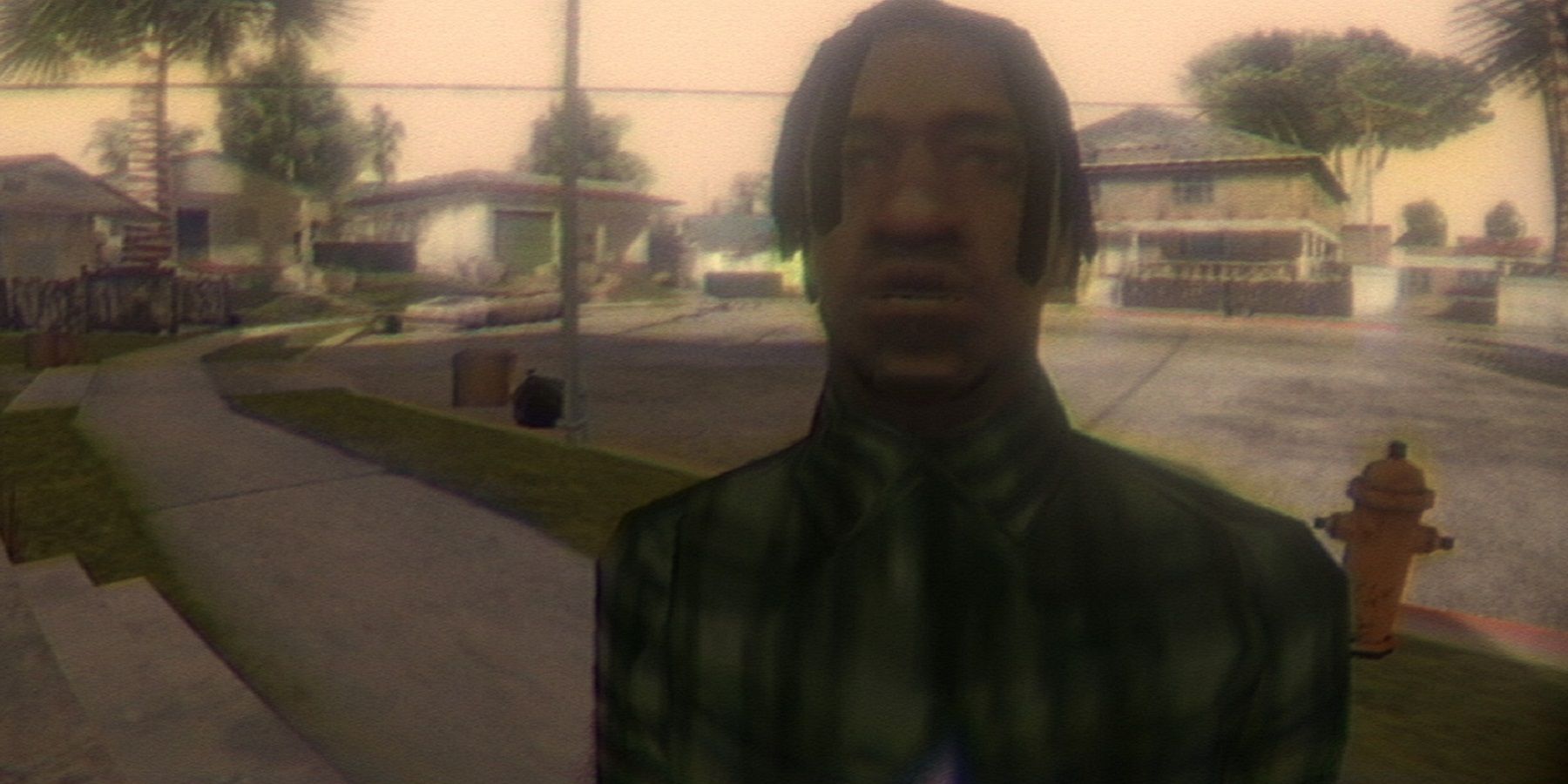 Grainy image from Grand Theft Auto San Andreas showing CJ close up to the camera