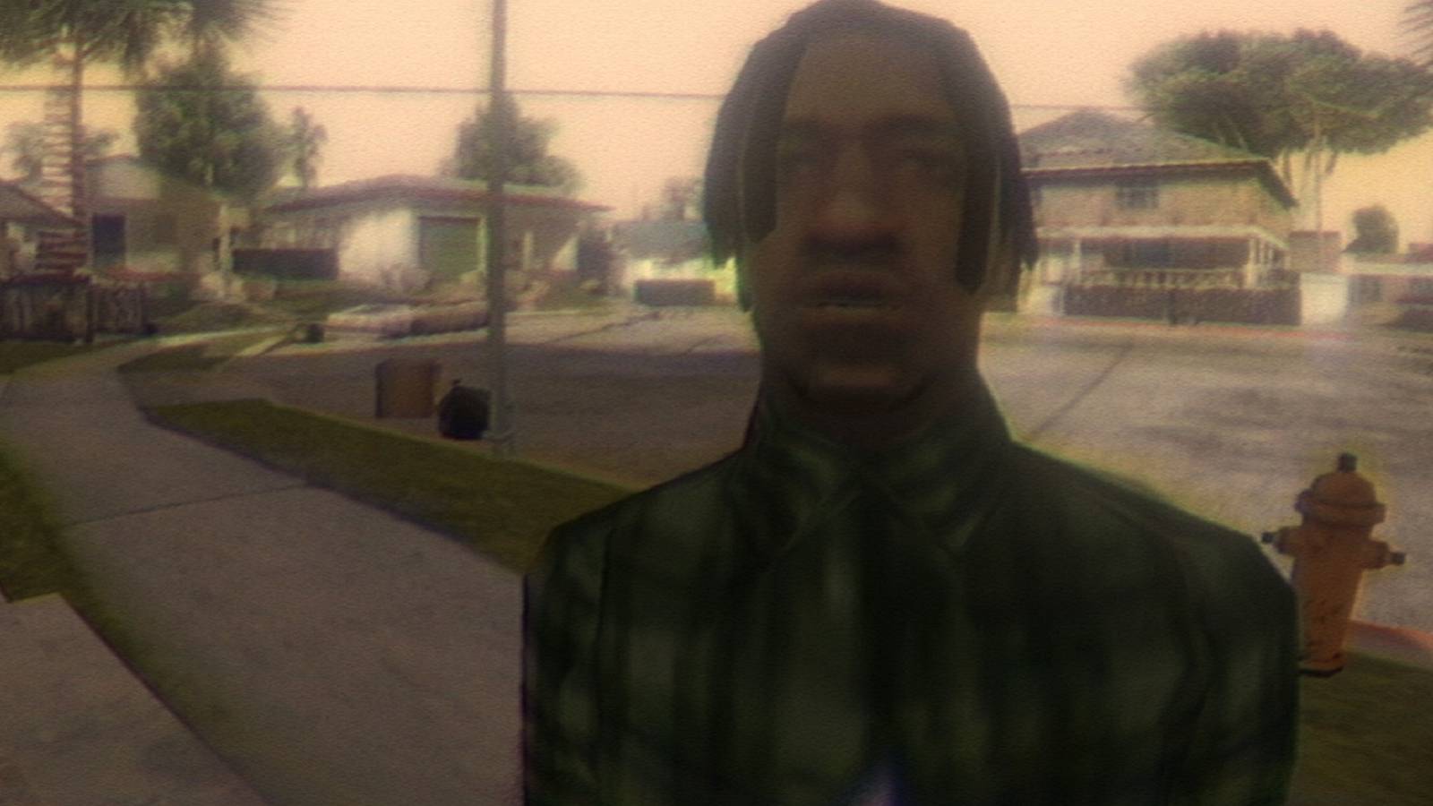 Grainy image from Grand Theft Auto San Andreas showing CJ close up to the camera