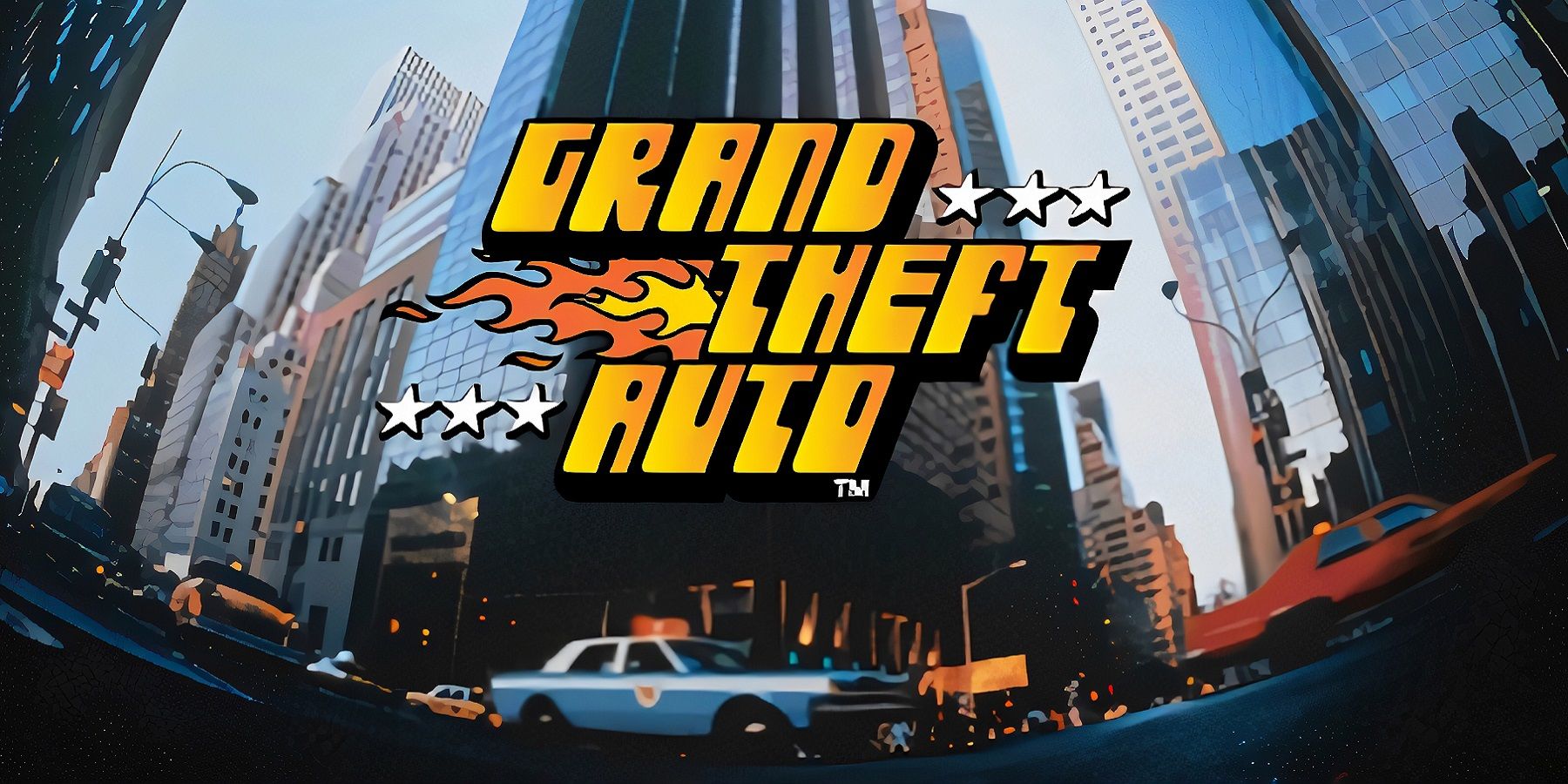 Box art for the first Grand Theft Auto, showing a police car driving through a city with a skyscraper in the background.