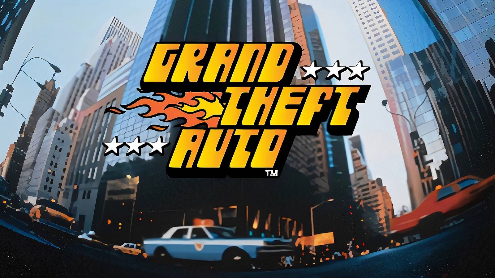 Box art for the first Grand Theft Auto, showing a police car driving through a city with a skyscraper in the background.