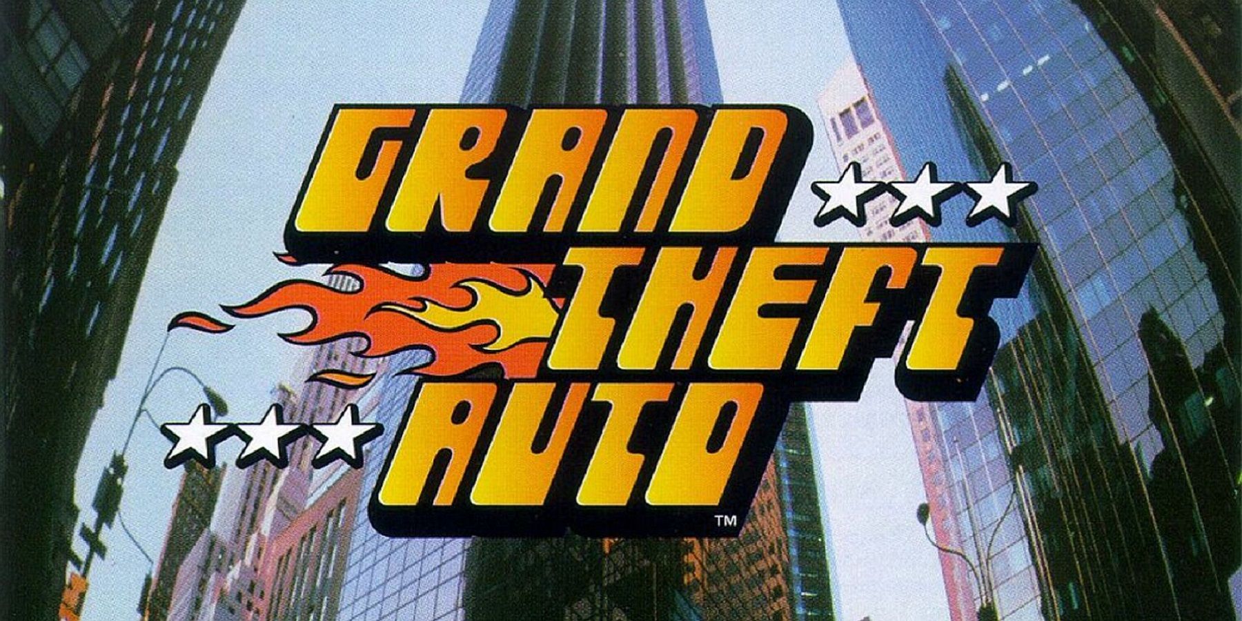 The original Grand Theft Auto logo from 1997, with a city in the background.