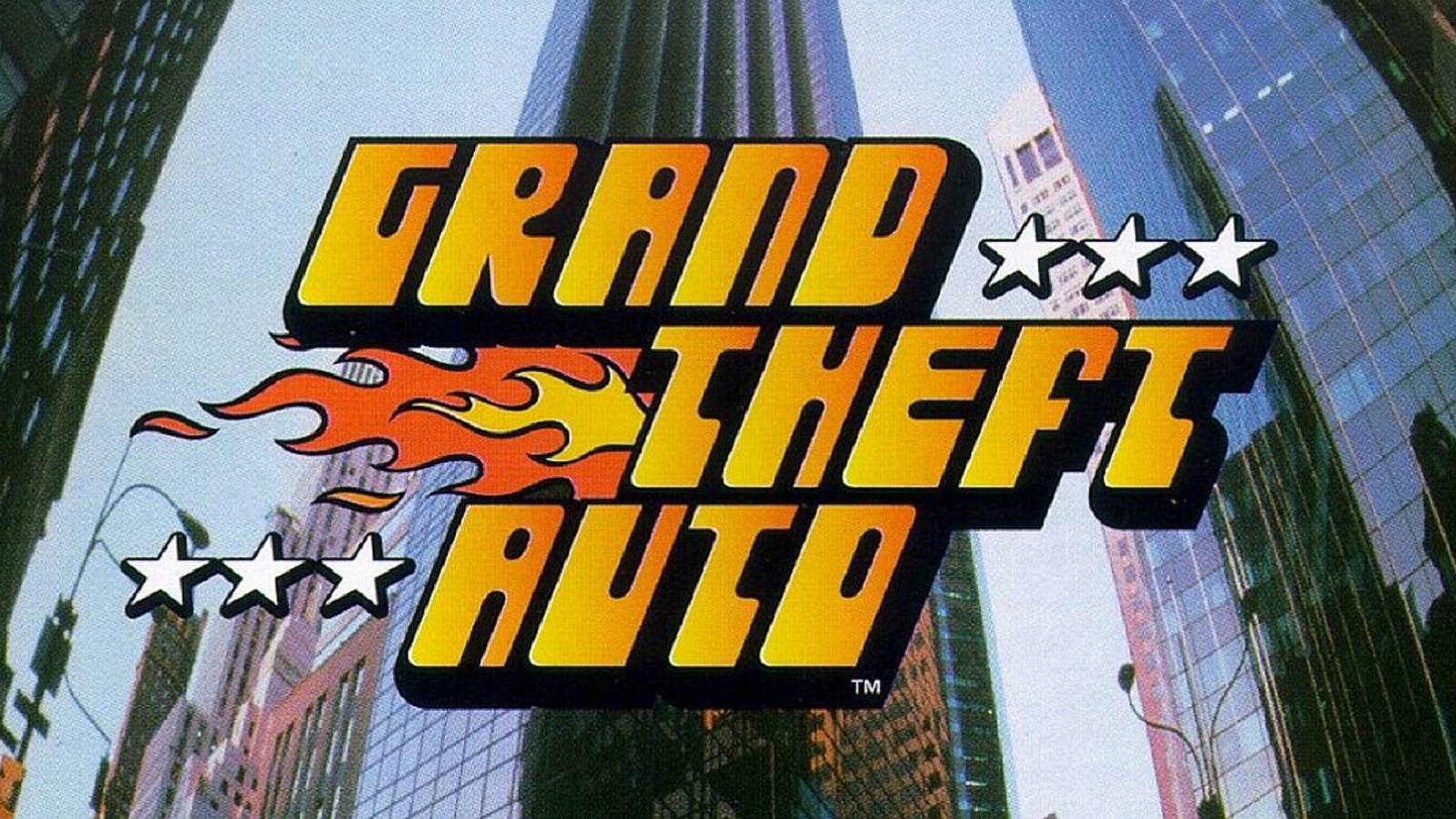 The original Grand Theft Auto logo from 1997, with a city in the background.