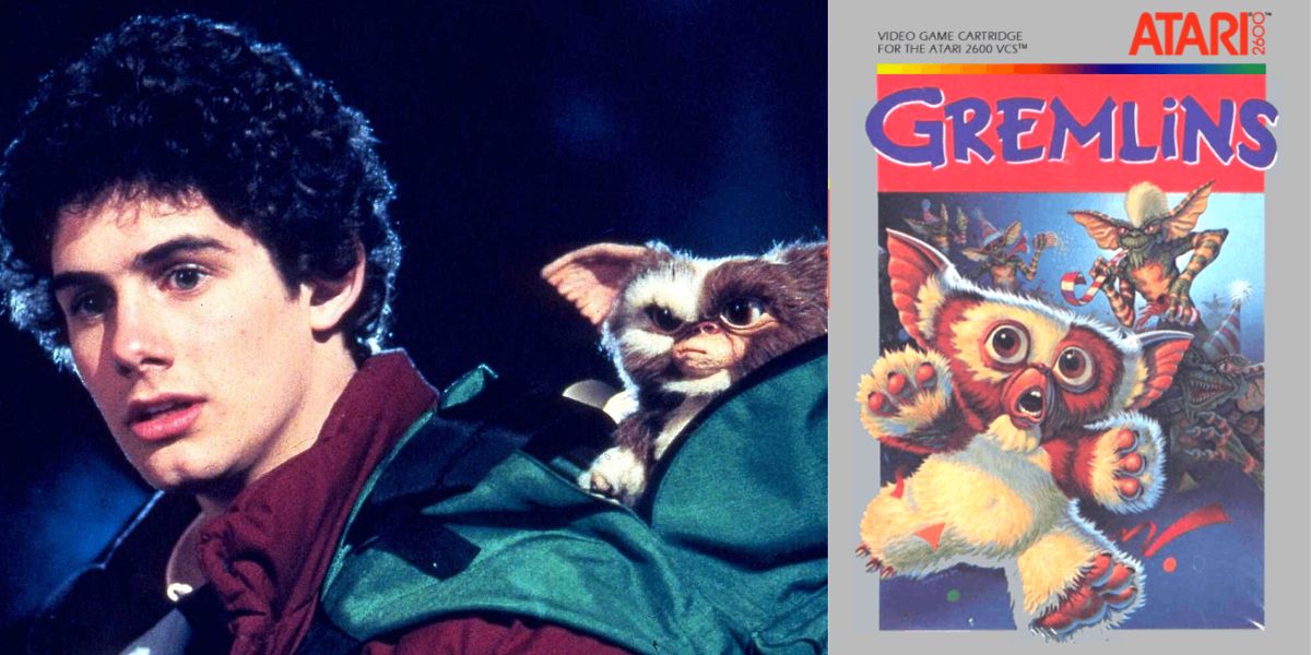 Billy and Gizmo from the Gremlins movie next to the Gremlins video game cover
