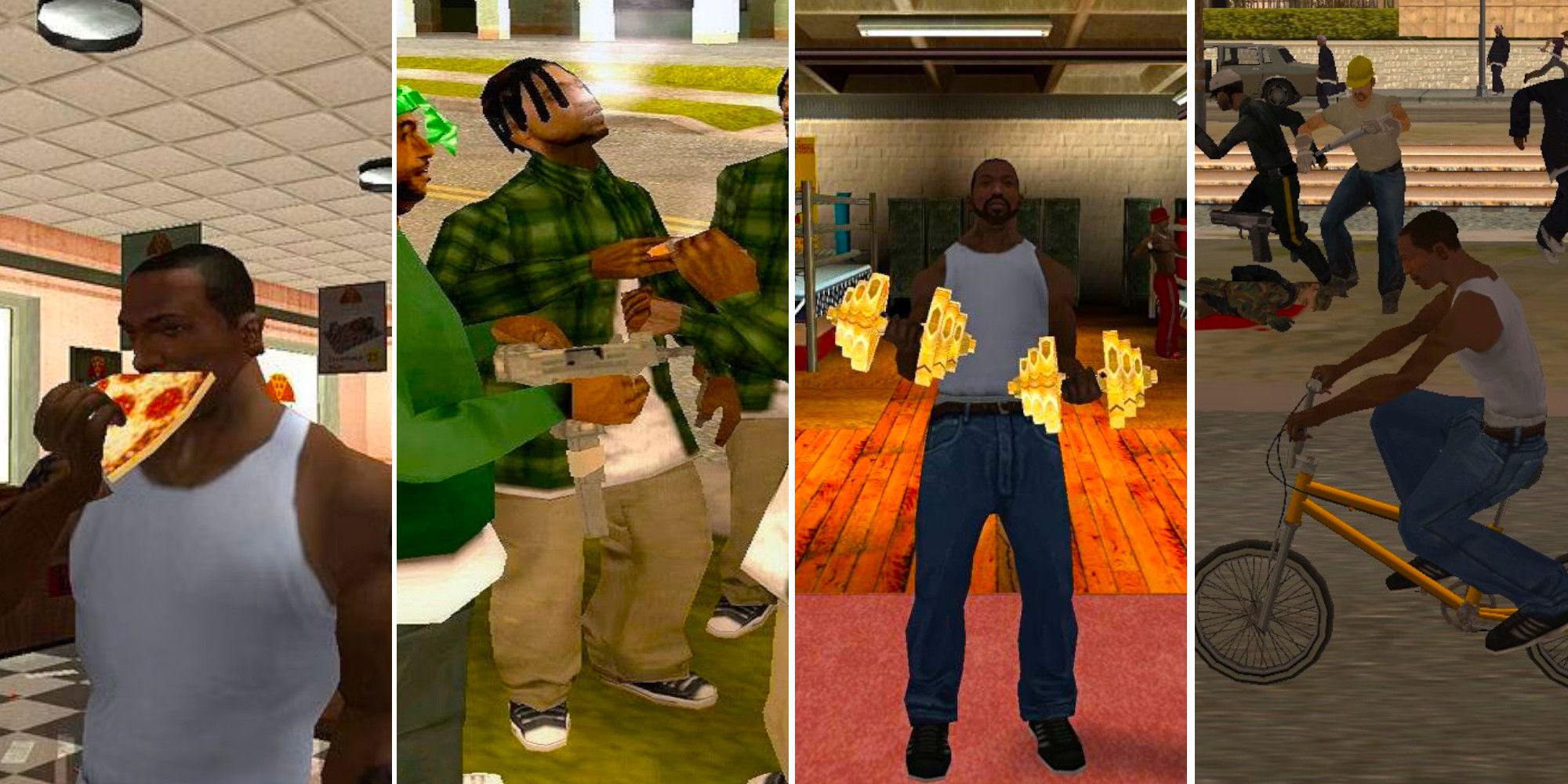 Carl Johnson eats pizza, a gang loiters with weapons, Carl Johnson lifts weights, and Carl Johnson rides a BMX while pedestrians fight behind him
