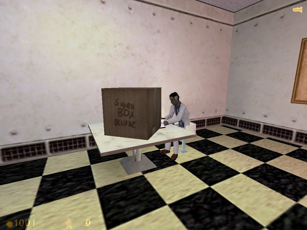 Screenshot from Half-Life showing a cardboard box on a table next to a scientist.