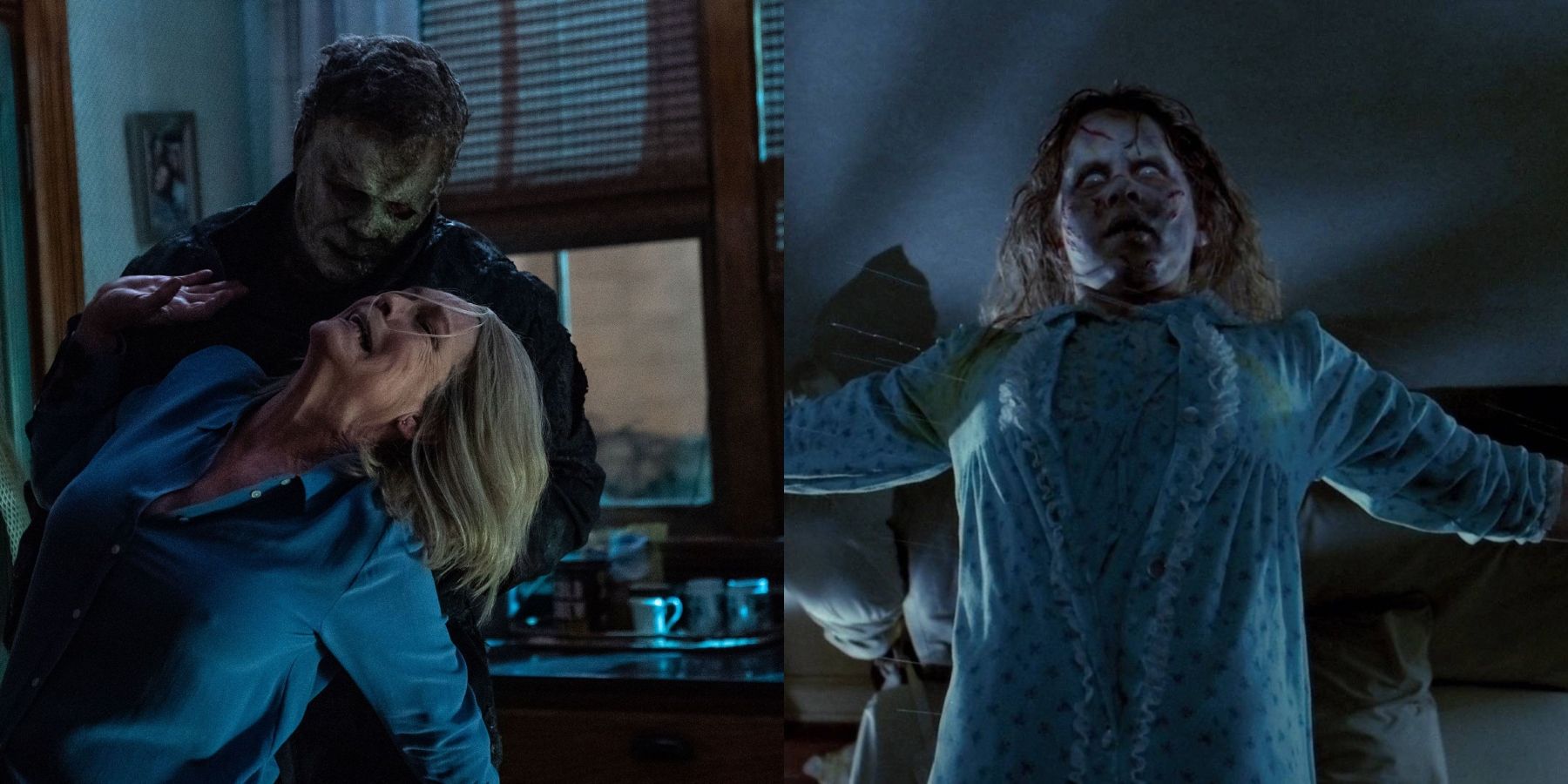 Split image of Laurie Strode and Michael Myers in Halloween Ends and Regan MacNeil in The Exorcist