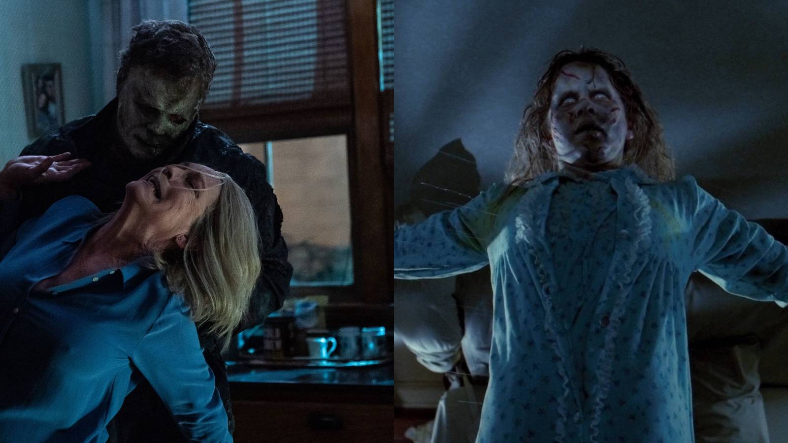 Split image of Laurie Strode and Michael Myers in Halloween Ends and Regan MacNeil in The Exorcist