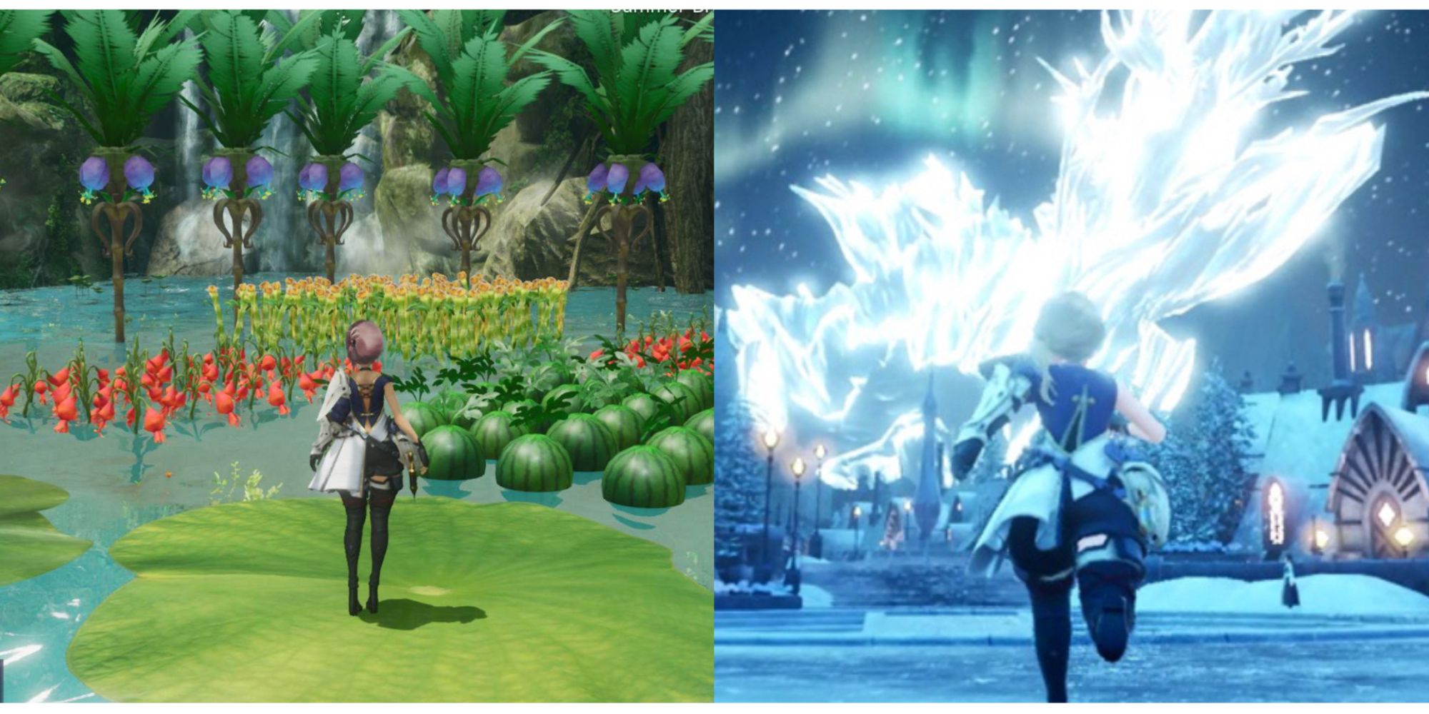 split image of the protagonist in Harvestella at her crops and running